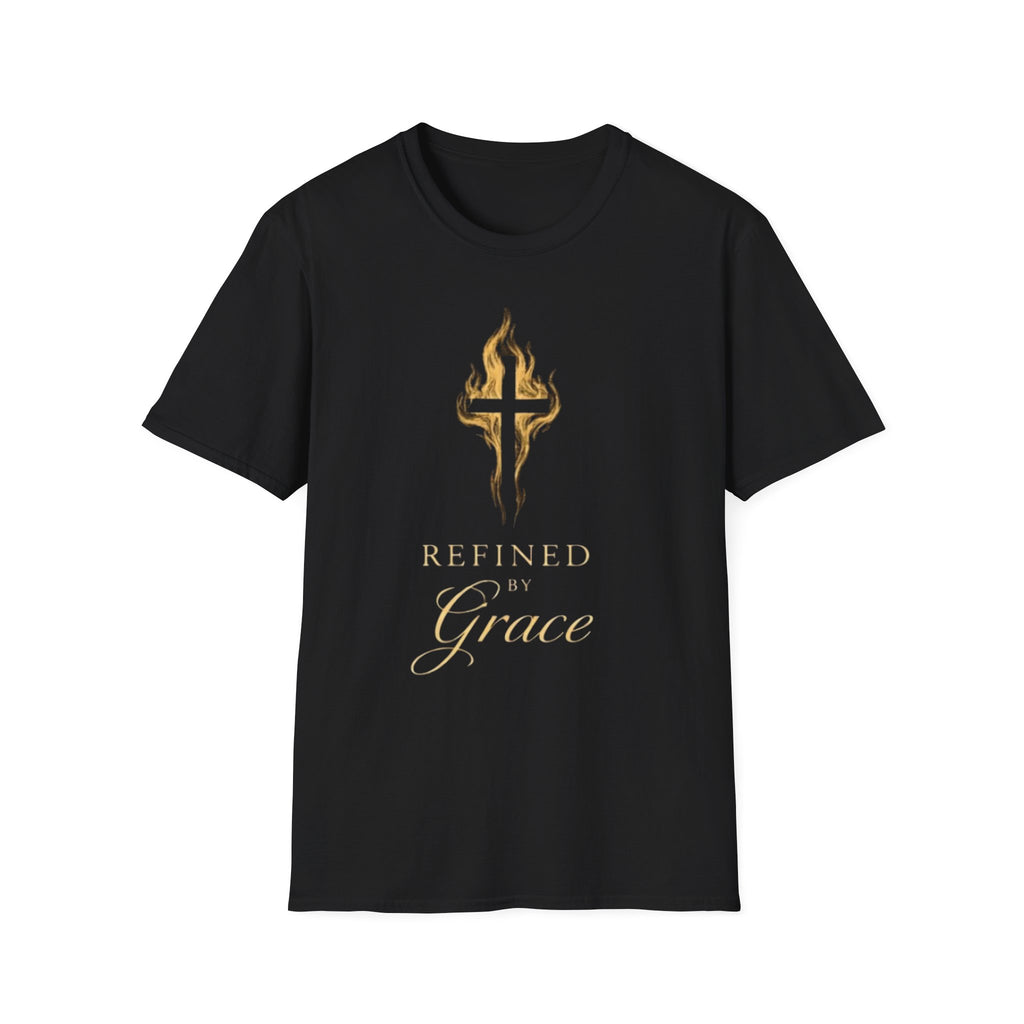 Refined by Grace cross design T-Shirt | Christian faith, gold flame