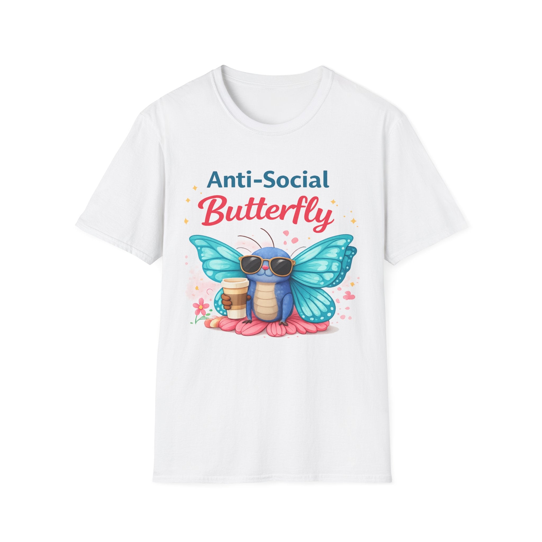 Anti-Social Butterfly T-Shirt | Cute Butterfly with Coffee and Sunglasses