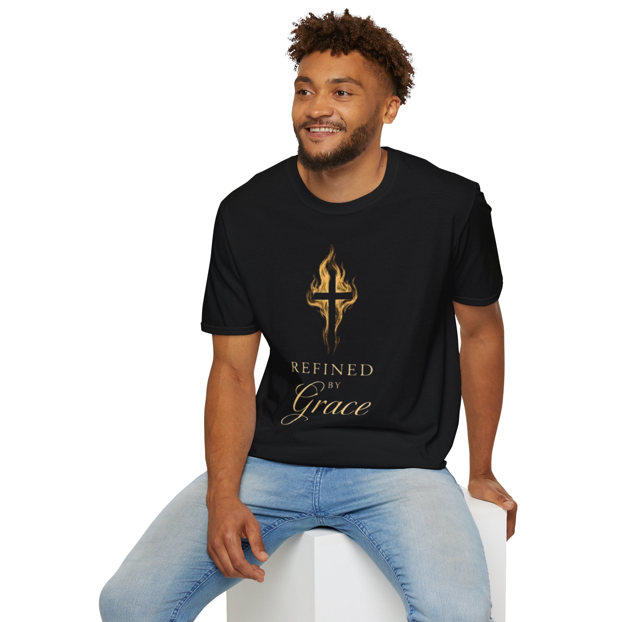 Refined by Grace cross design T-Shirt | Christian faith, gold flame