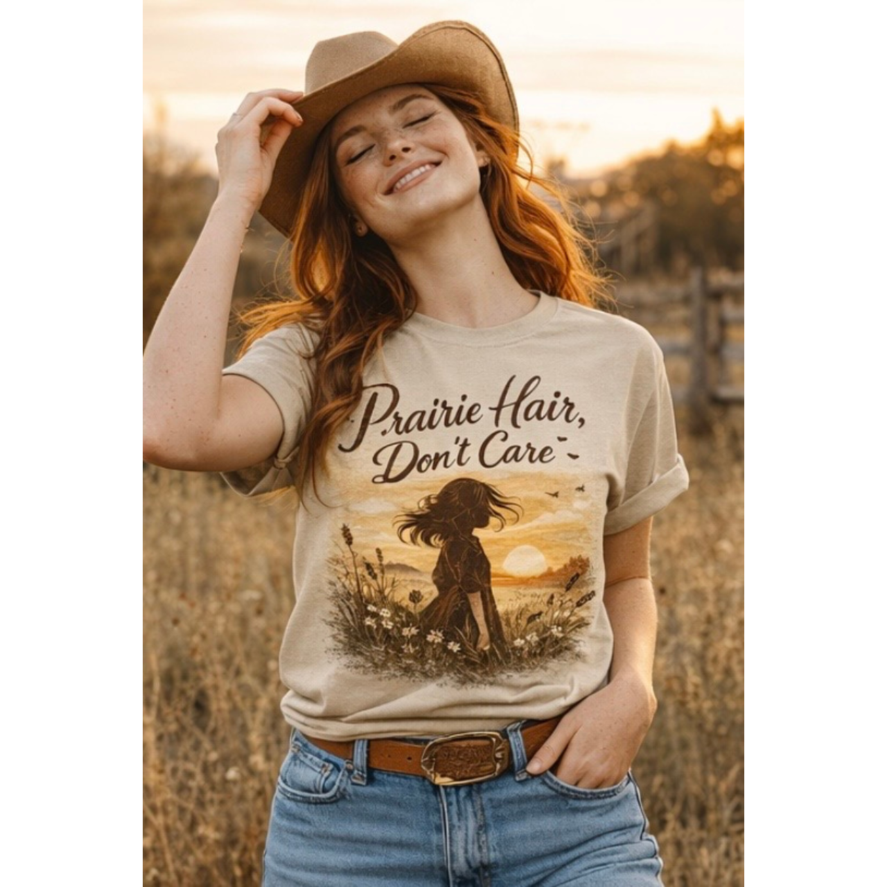Prairie Hair Don't Care T-Shirt | Sunset Silhouette, Wildflowers