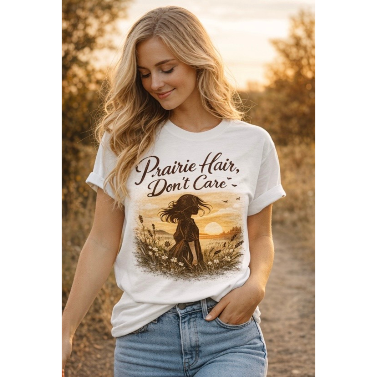 Prairie Hair Don't Care T-Shirt | Sunset Silhouette, Wildflowers