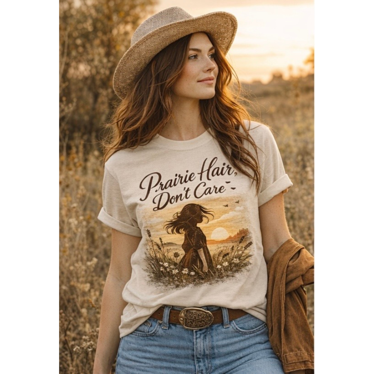 Prairie Hair Don't Care T-Shirt | Sunset Silhouette, Wildflowers