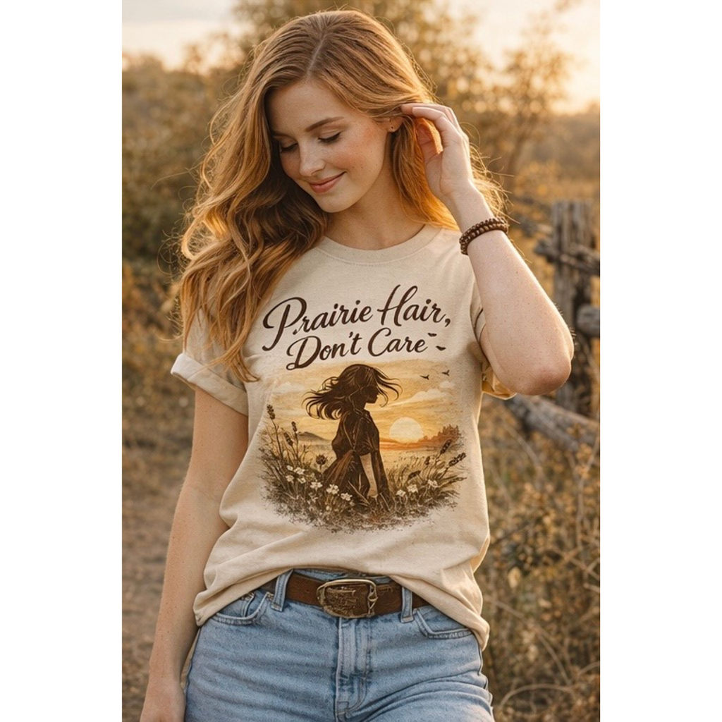 Prairie Hair Don't Care T-Shirt | Sunset Silhouette, Wildflowers