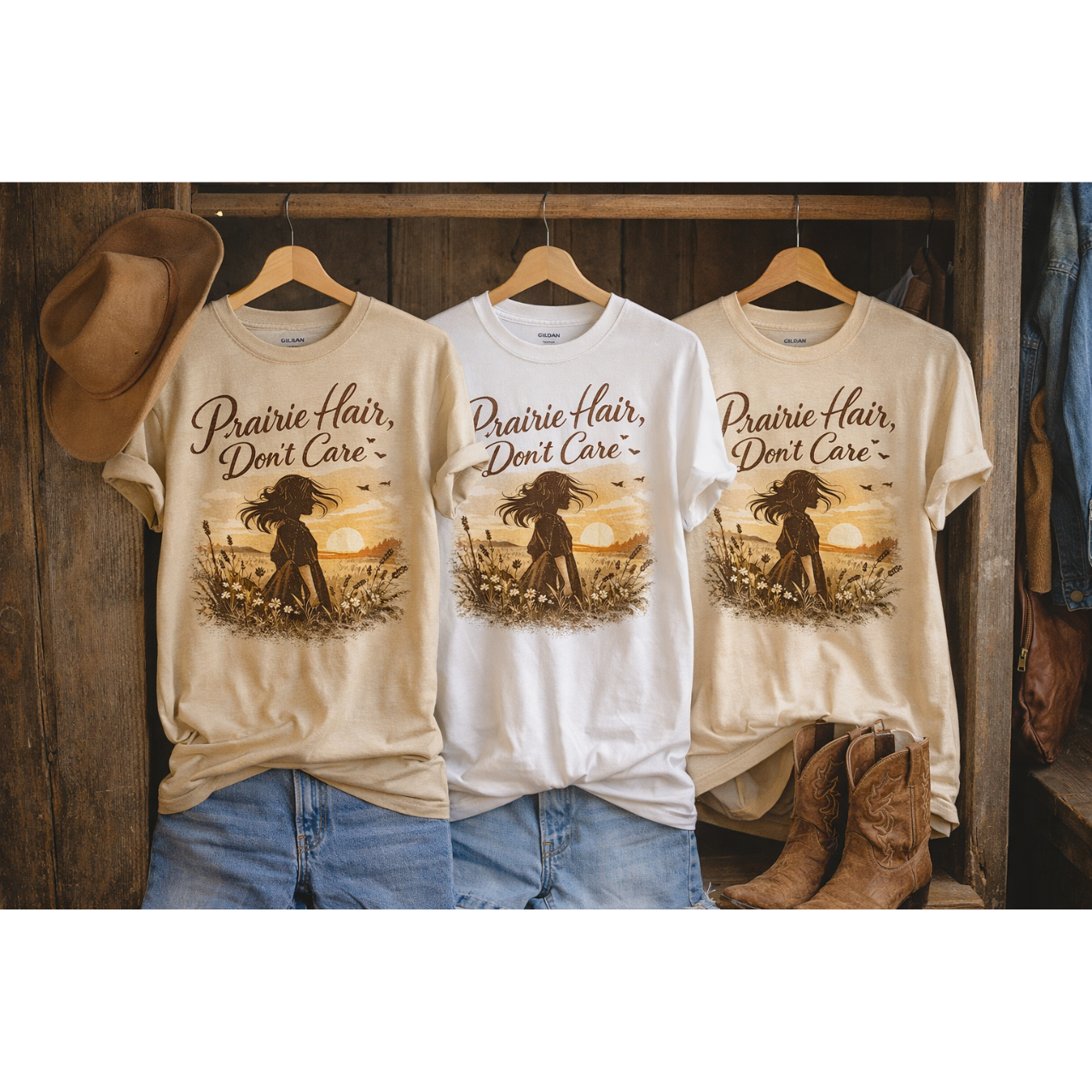 Prairie Hair Don't Care T-Shirt | Sunset Silhouette, Wildflowers