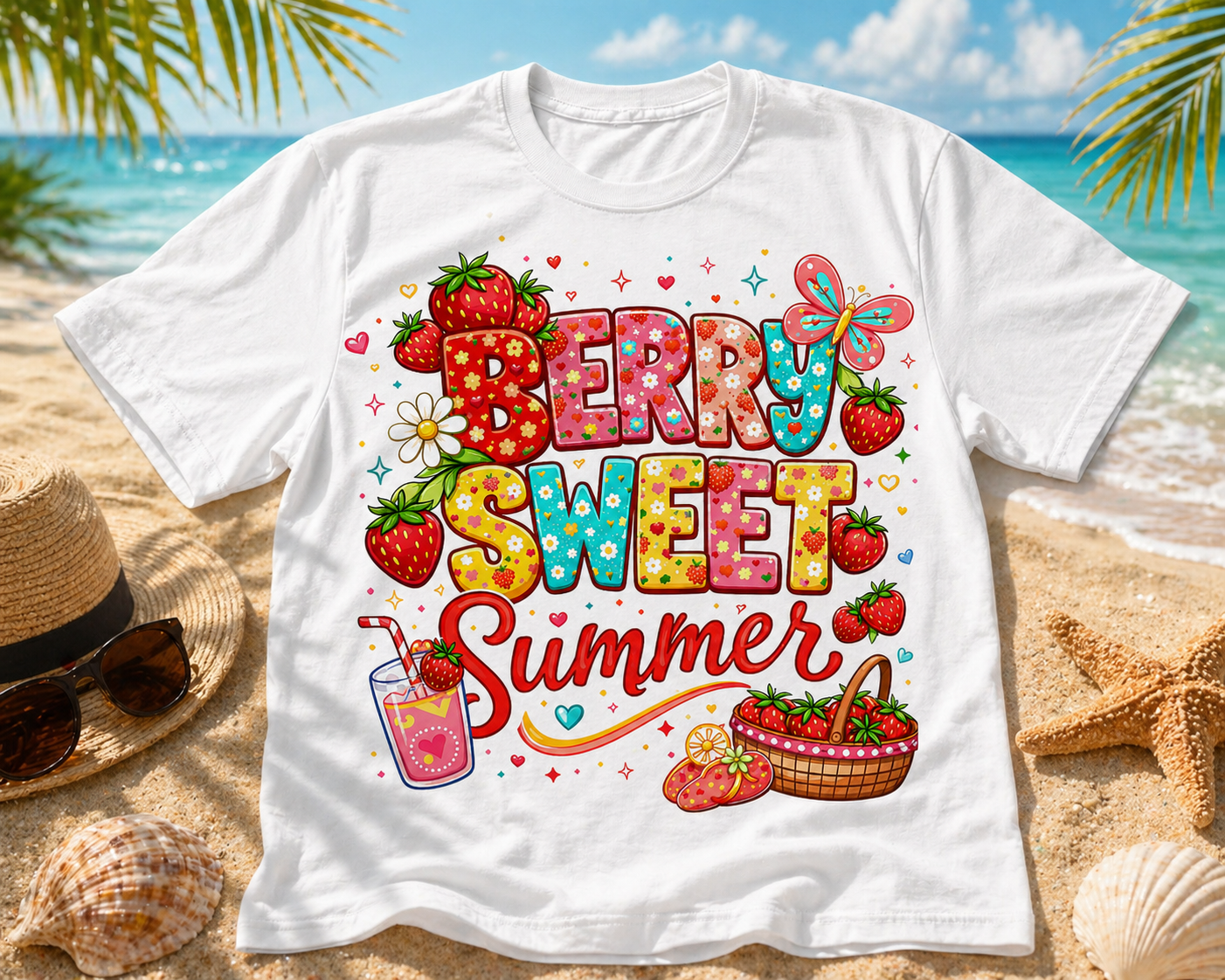 Berry Sweet Summer T-Shirt | Strawberry Illustration, Colorful Typography