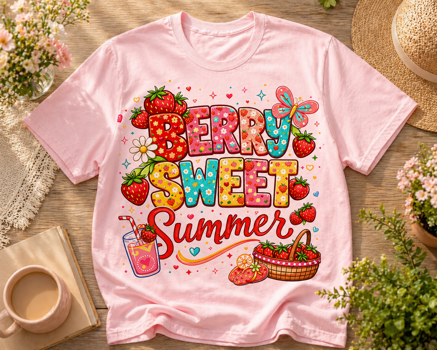 Berry Sweet Summer T-Shirt | Strawberry Illustration, Colorful Typography