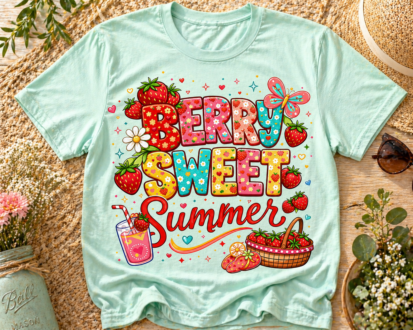 Berry Sweet Summer T-Shirt | Strawberry Illustration, Colorful Typography