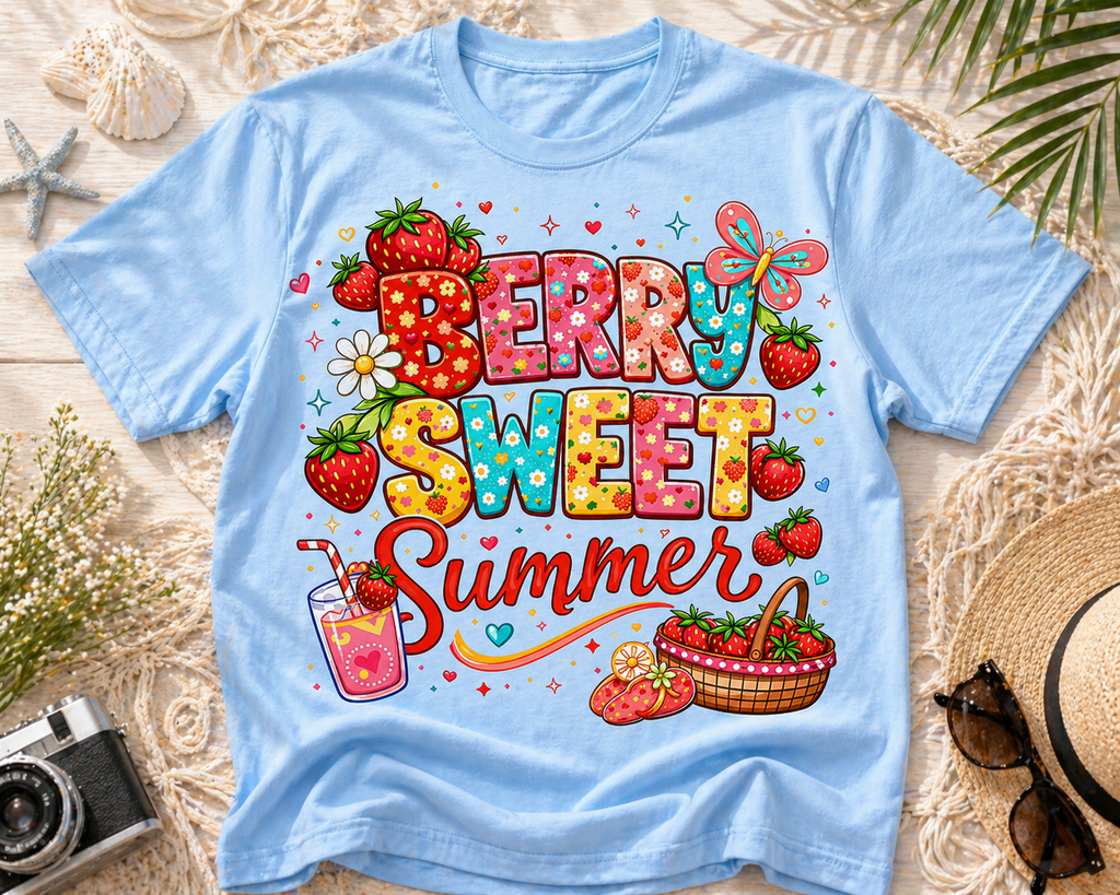 Berry Sweet Summer T-Shirt | Strawberry Illustration, Colorful Typography