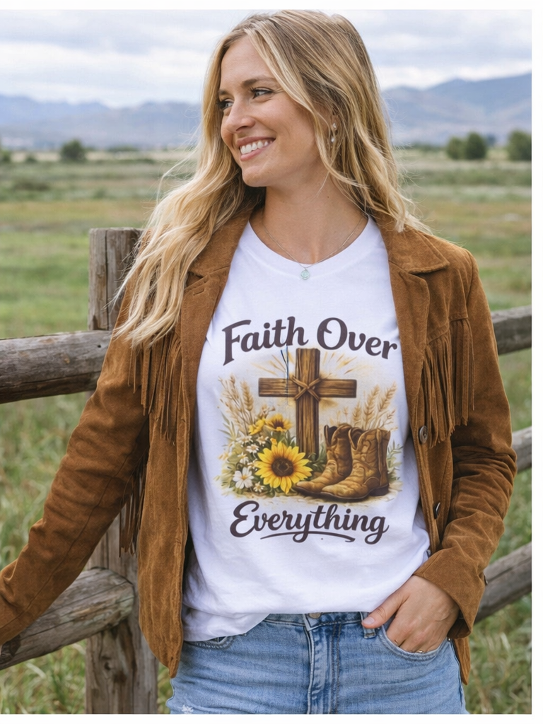Faith Over Everything cross, sunflowers, cowboy boots T-Shirt | Christian farm style