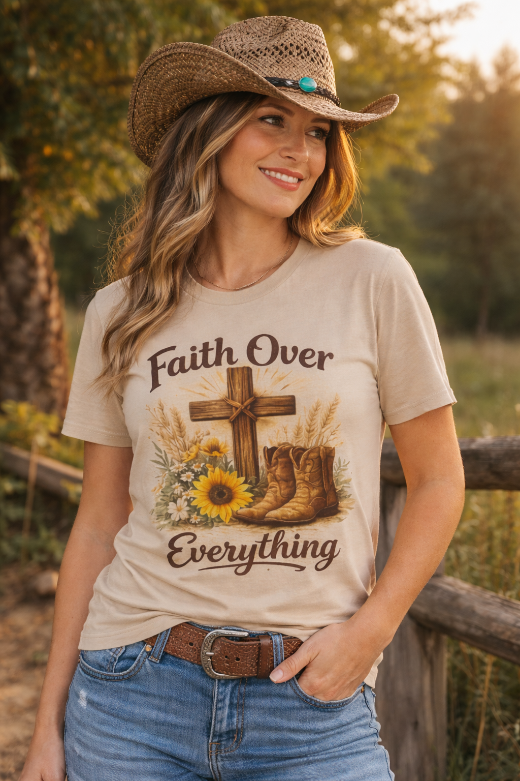 Faith Over Everything cross, sunflowers, cowboy boots T-Shirt | Christian farm style