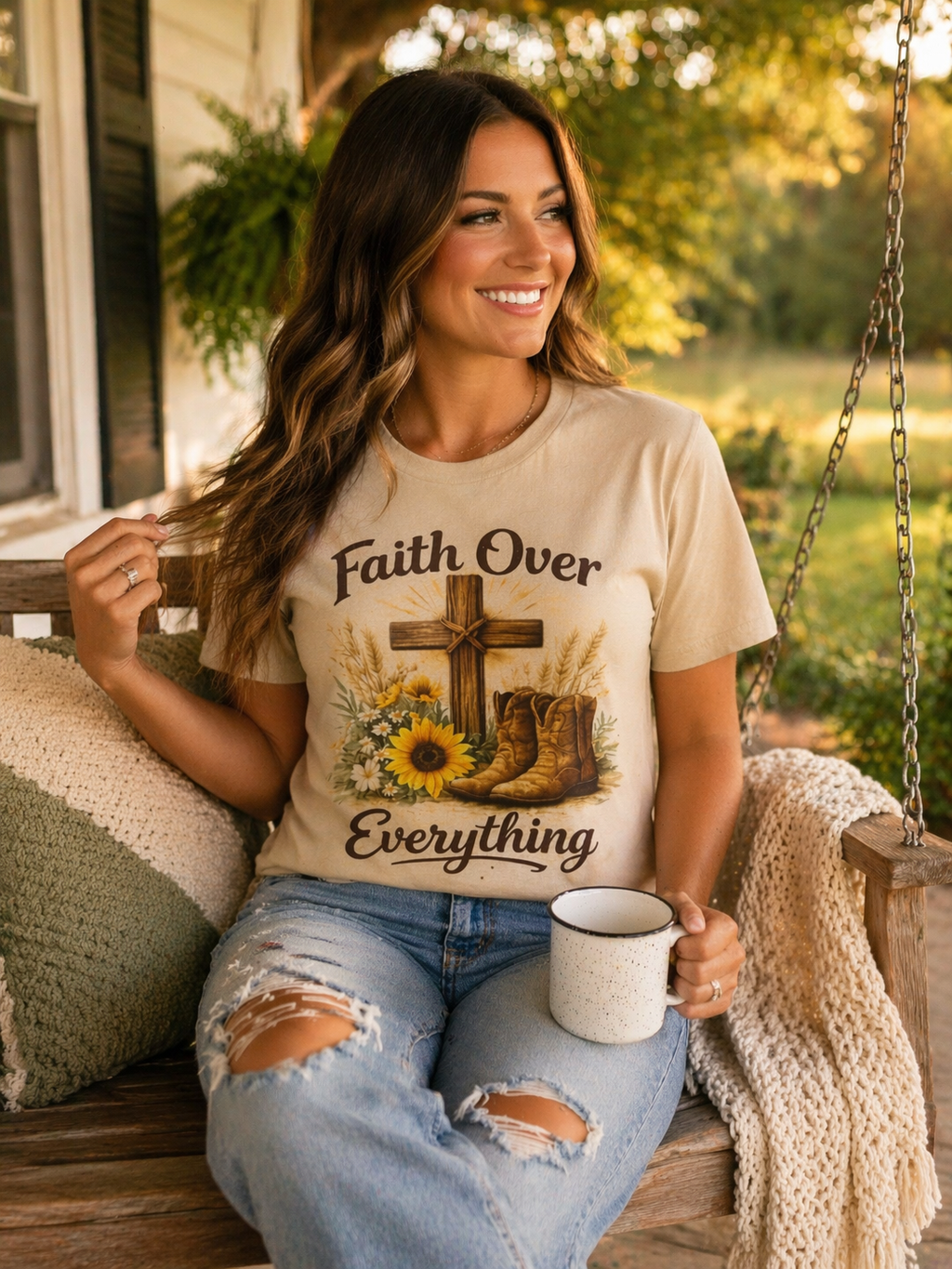 Faith Over Everything cross, sunflowers, cowboy boots T-Shirt | Christian farm style