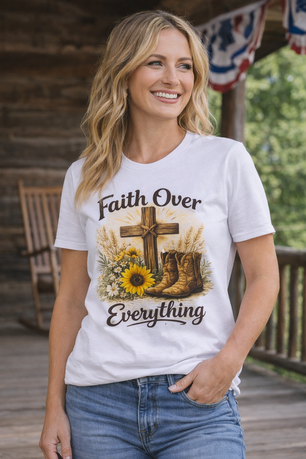 Faith Over Everything cross, sunflowers, cowboy boots T-Shirt | Christian farm style