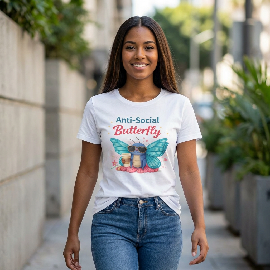 Anti-Social Butterfly T-Shirt | Cute Butterfly with Coffee and Sunglasses