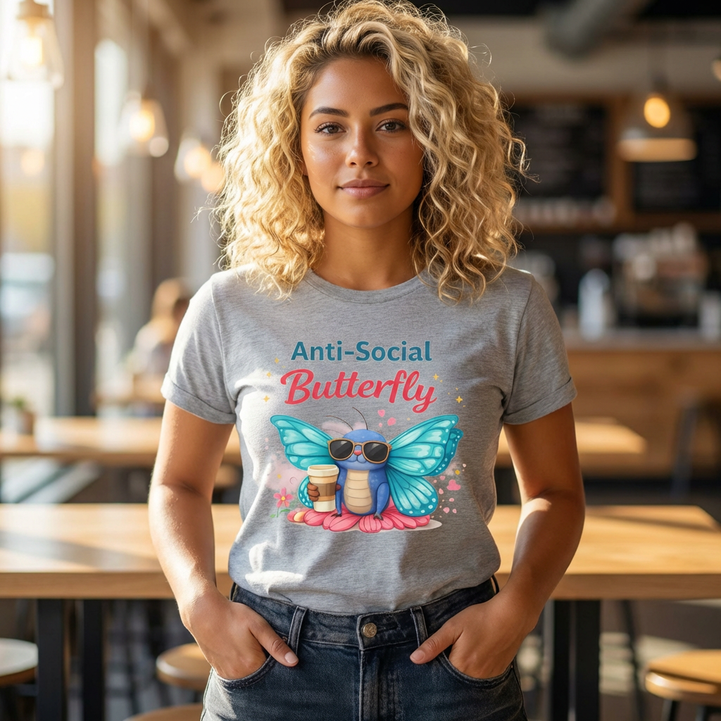 Anti-Social Butterfly T-Shirt | Cute Butterfly with Coffee and Sunglasses