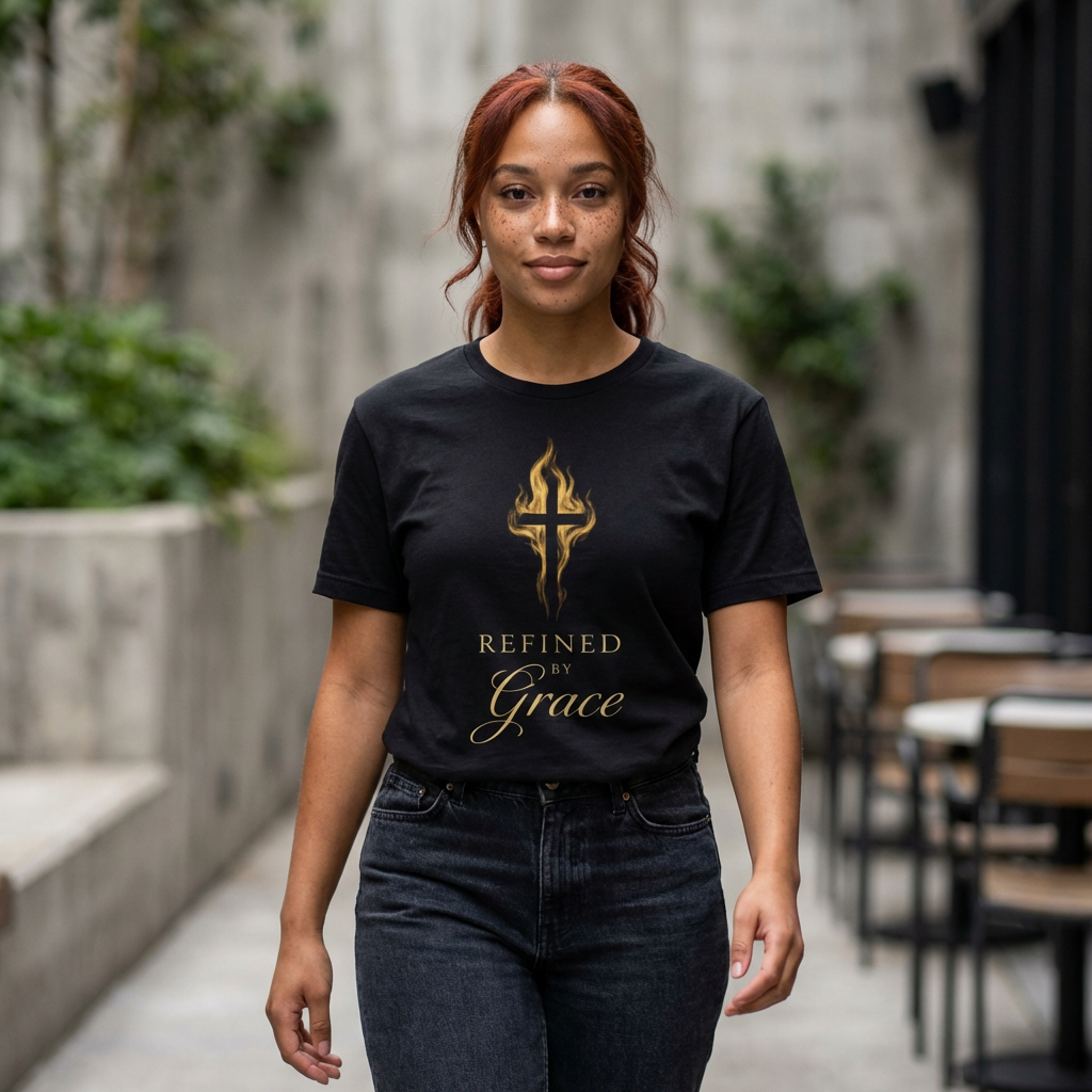 Refined by Grace cross design T-Shirt | Christian faith, gold flame
