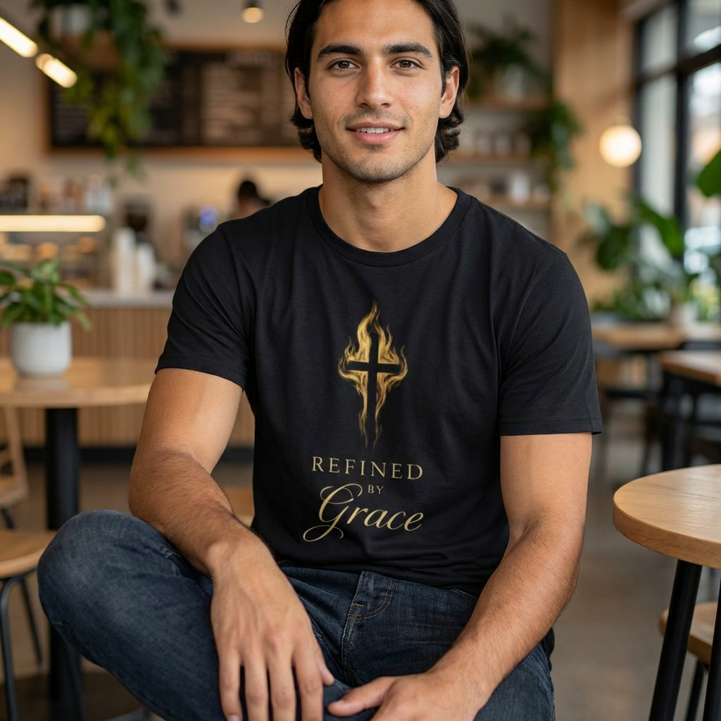 Refined by Grace cross design T-Shirt | Christian faith, gold flame
