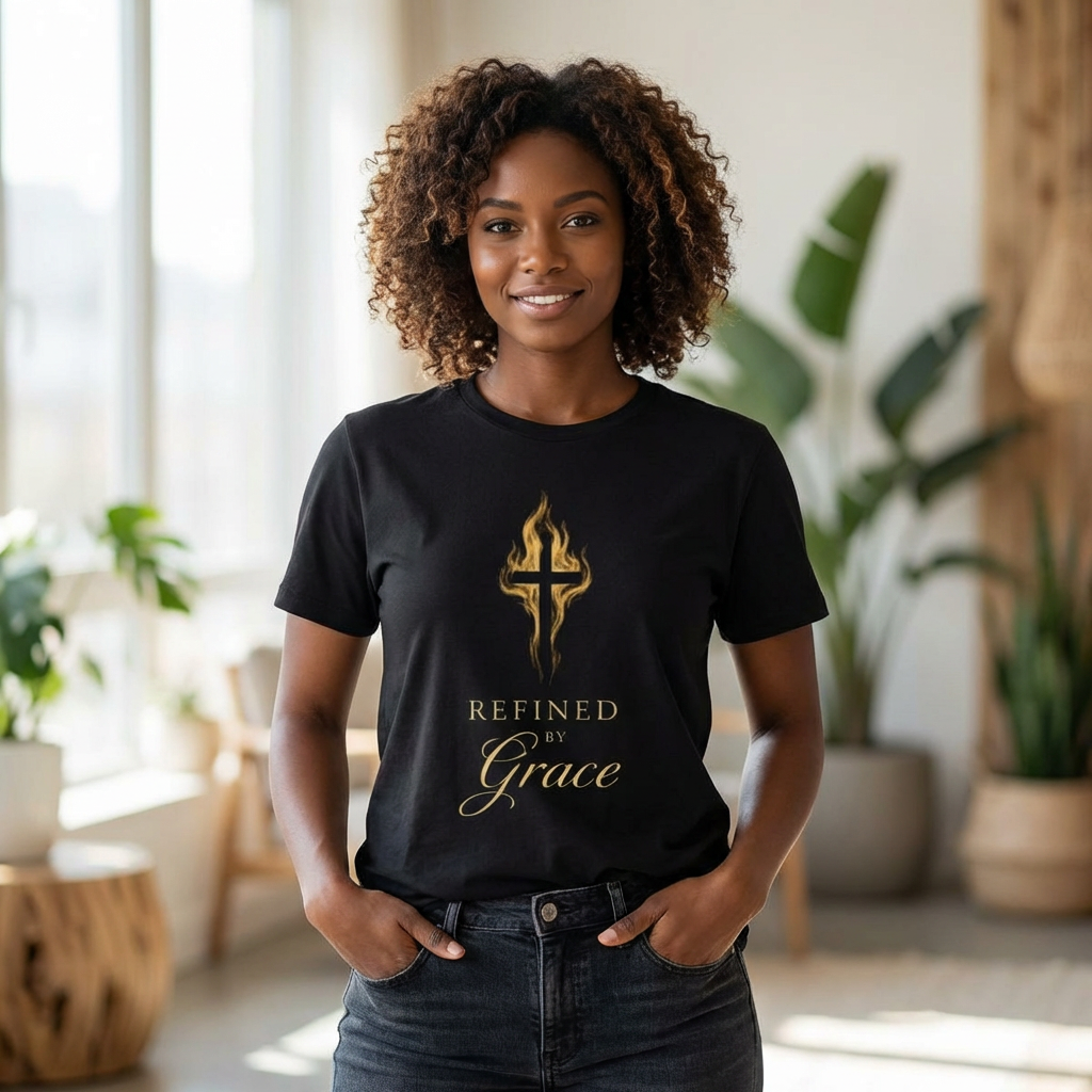 Refined by Grace cross design T-Shirt | Christian faith, gold flame