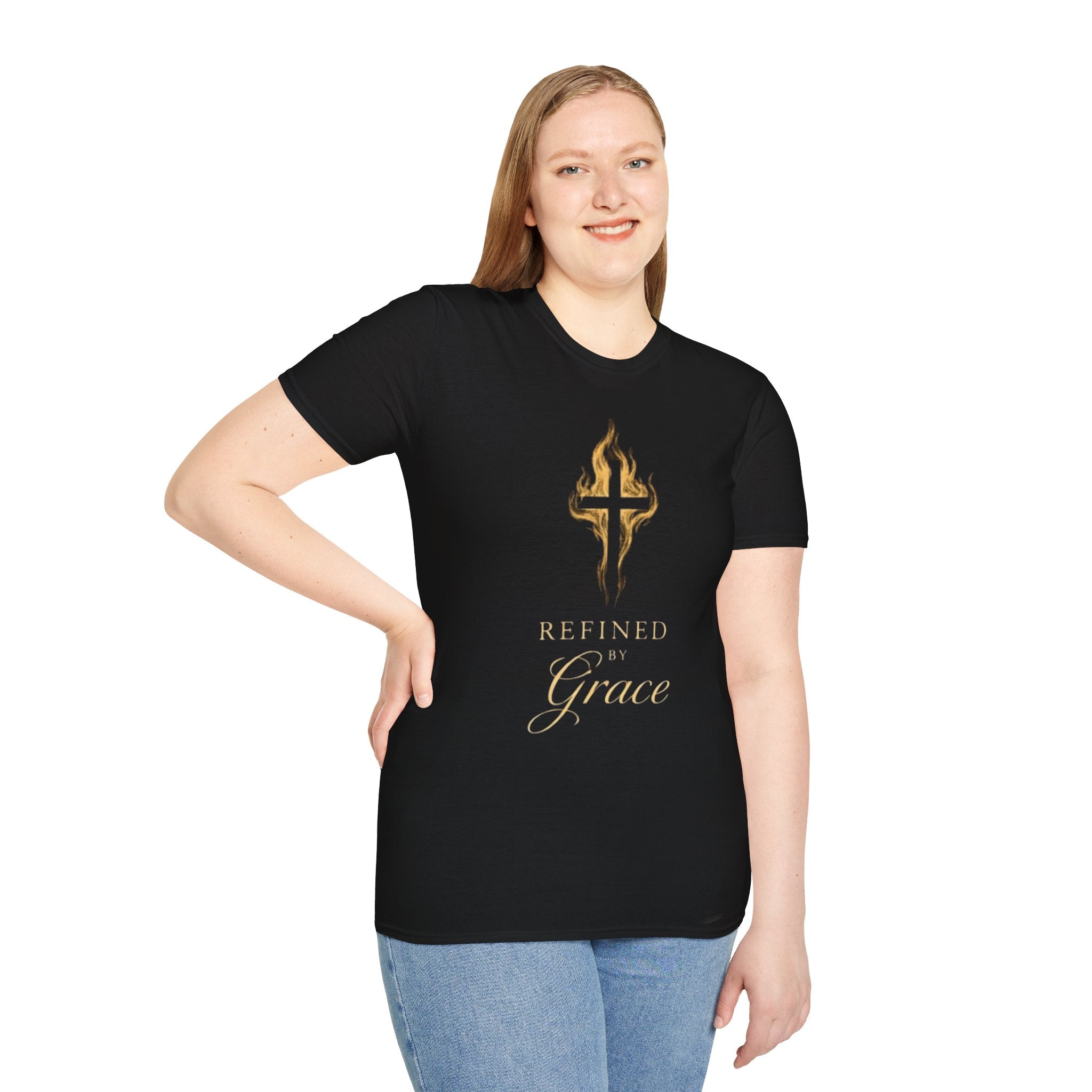 Refined by Grace cross design T-Shirt | Christian faith, gold flame