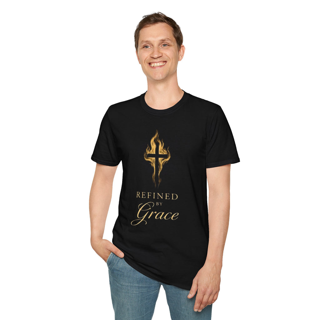 Refined by Grace cross design T-Shirt | Christian faith, gold flame
