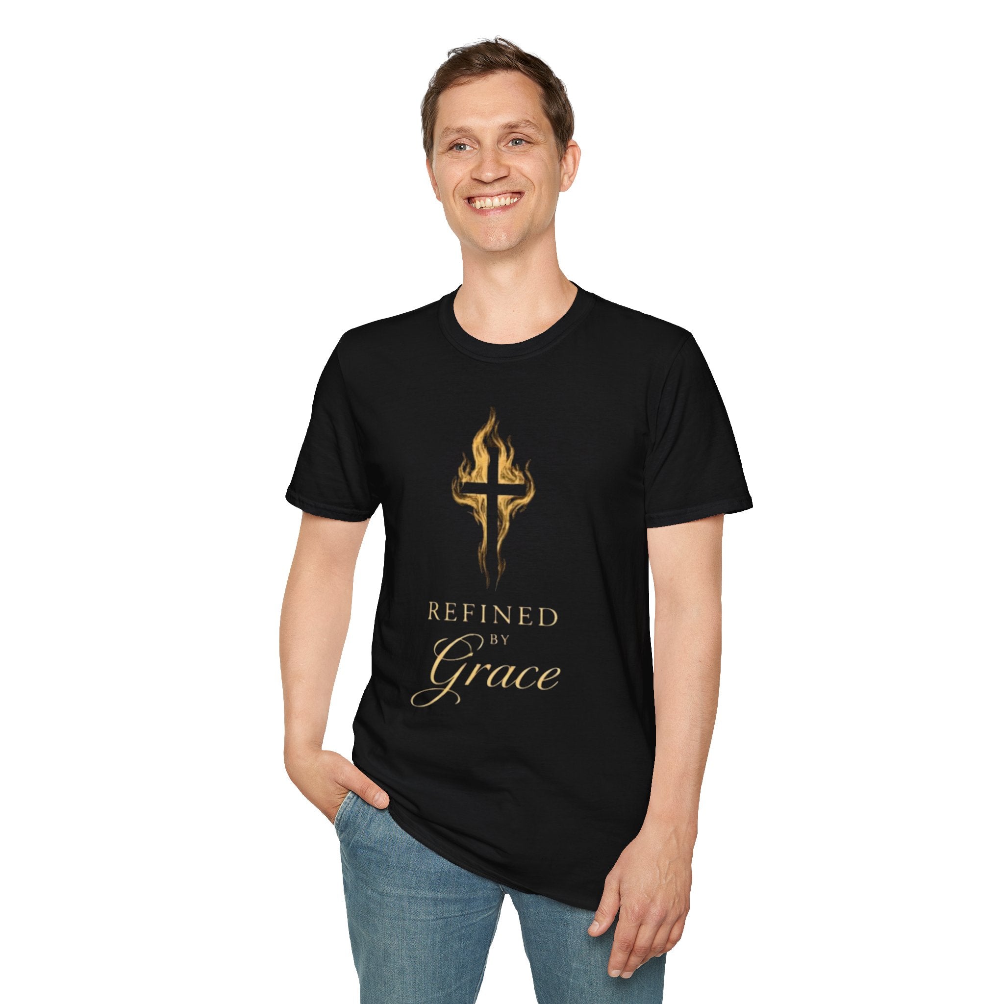 Refined by Grace cross design T-Shirt | Christian faith, gold flame